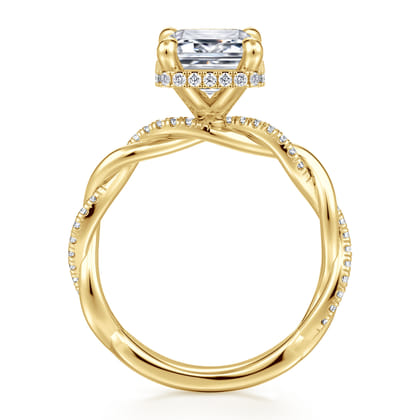 Ama - 14K Yellow Gold Twisted Emerald Cut Halo Diamond Engagement Ring
