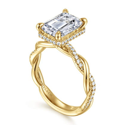 Ama - 14K Yellow Gold Twisted Emerald Cut Halo Diamond Engagement Ring