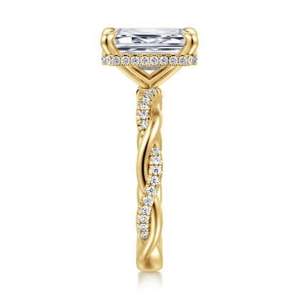 Ama - 14K Yellow Gold Twisted Emerald Cut Halo Diamond Engagement Ring