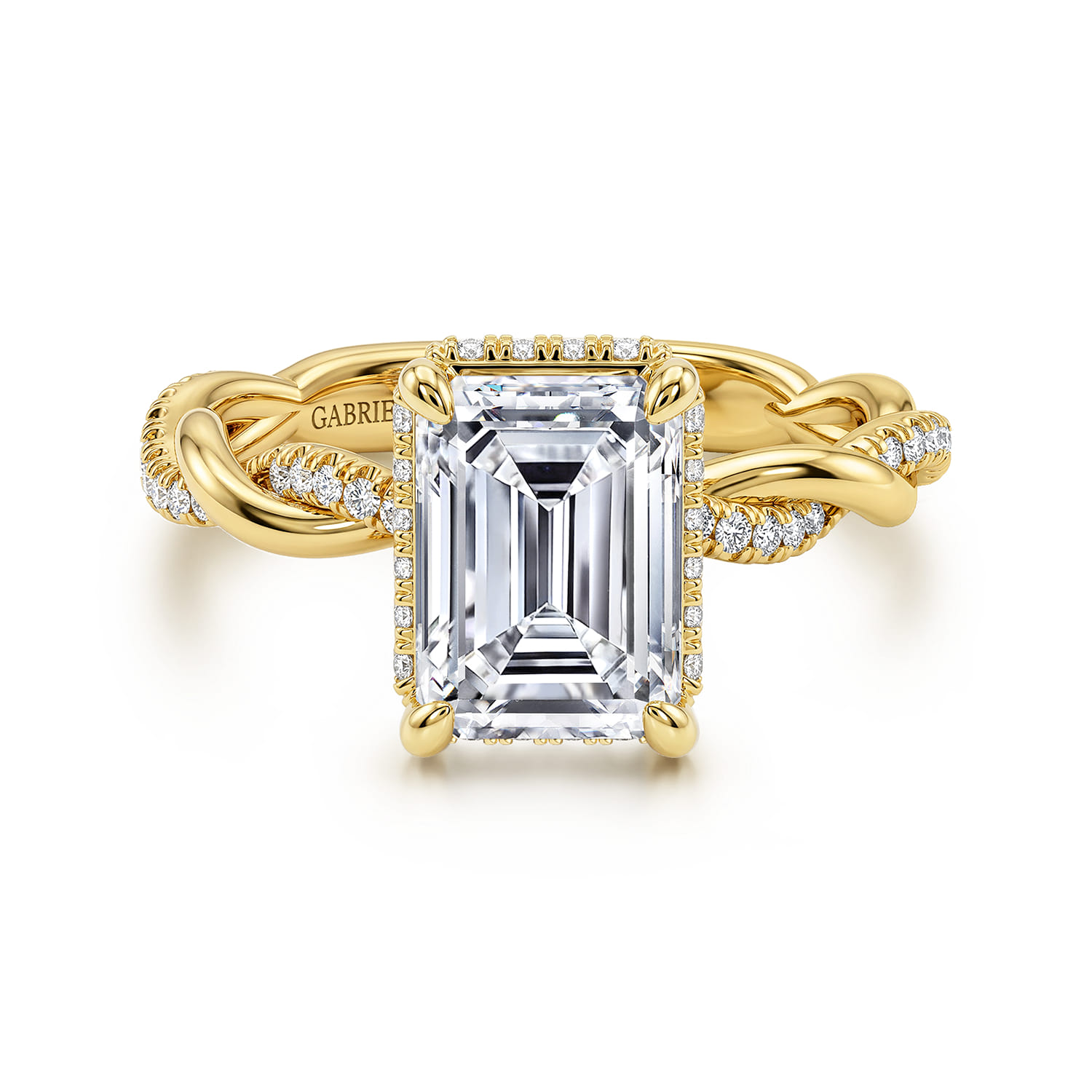 Ama - 14K Yellow Gold Twisted Emerald Cut Halo Diamond Engagement Ring