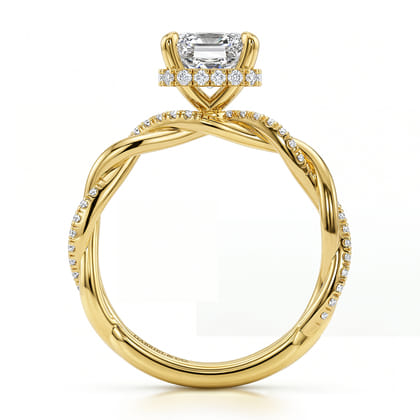 Ama - 14K Yellow Gold Twisted Emerald Cut Halo Diamond Engagement Ring