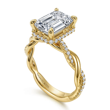 Ama - 14K Yellow Gold Twisted Emerald Cut Halo Diamond Engagement Ring