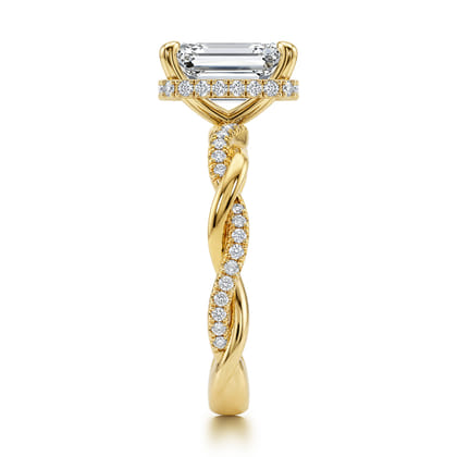 Ama - 14K Yellow Gold Twisted Emerald Cut Halo Diamond Engagement Ring