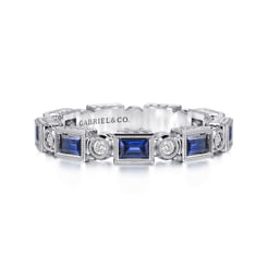 14K White Gold Baguette Sapphire and Round Diamond Eternity Band