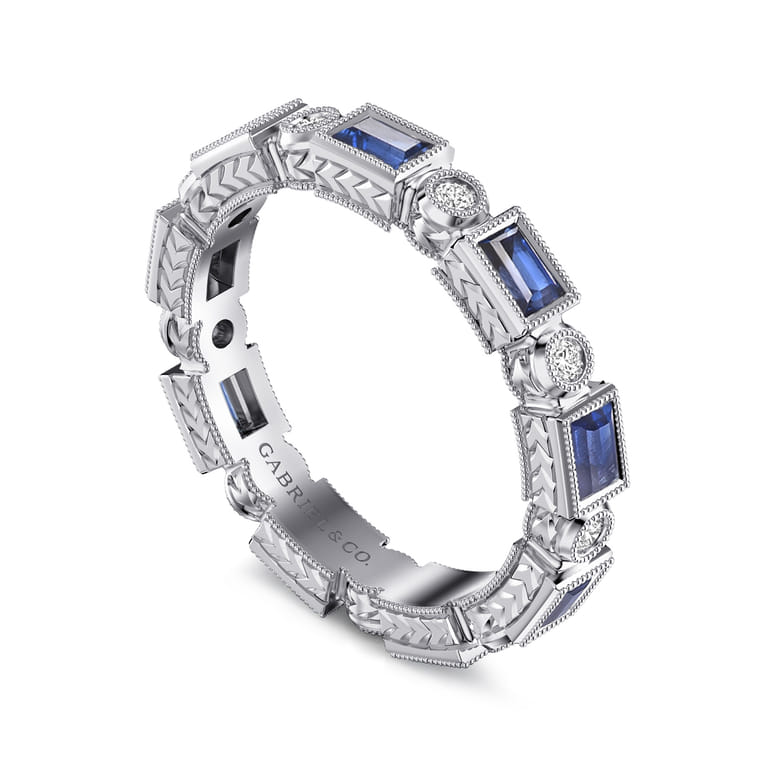 Eternity Band Wedding Ring in 14k White Gold with Baguette Sapphire at Gabriel & Co. - Shot 3