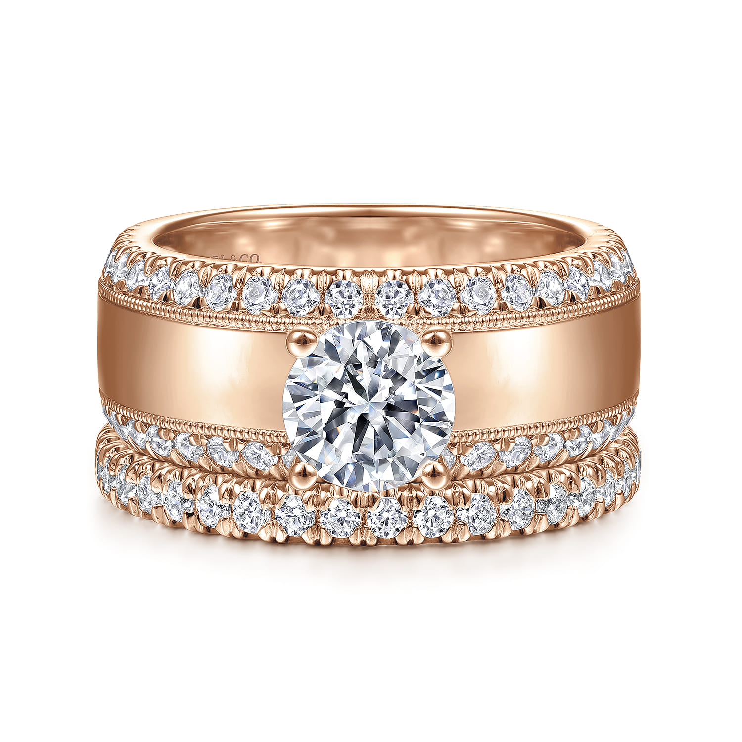 Amos - 14K Rose Gold Round Wide Band Diamond Engagement Ring