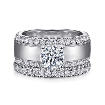 Amos - 14K White Gold Round Diamond Wide Band Engagement Ring