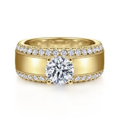 14K Yellow Gold Round Wide Band Diamond Engagement Ring