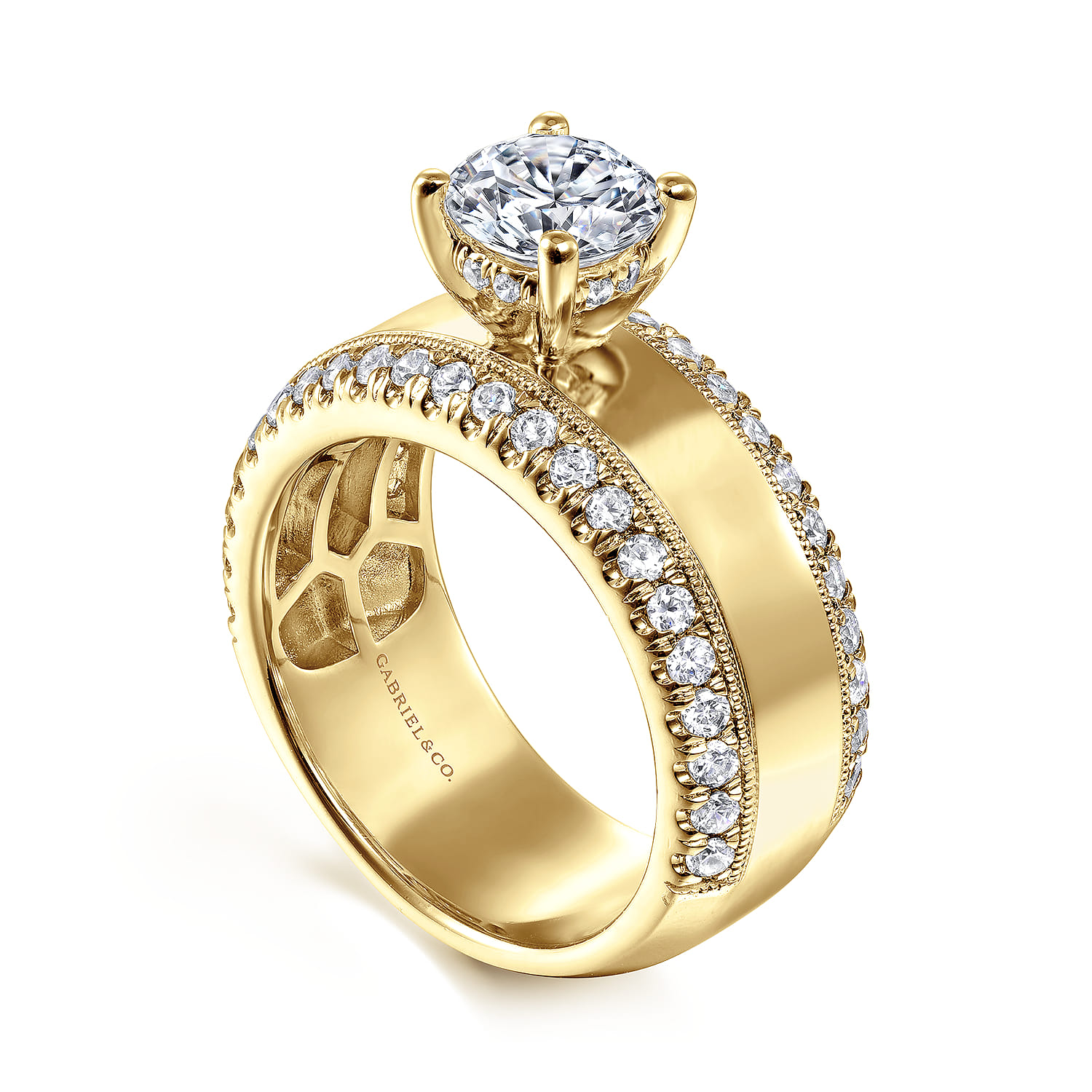 Amos - 14K Yellow Gold Round Wide Band Diamond Engagement Ring