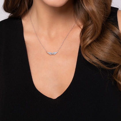 Angel Wing - 14K White Gold Diamond Angel Wing Bar Necklace