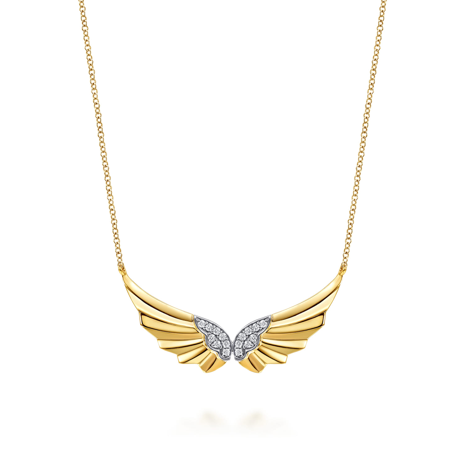Angel Wing - 14K White  Yellow Gold Diamond Angel Wing Bar Necklace - 0.16 ct - Shot 1