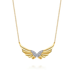 Angel Wing - 14K White  Yellow Gold Diamond Angel Wing Bar Necklace