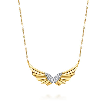 Angel Wing - 14K White  Yellow Gold Diamond Angel Wing Bar Necklace