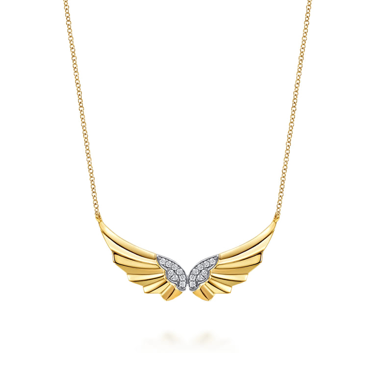 Angel Wing - 14K White  Yellow Gold Diamond Angel Wing Bar Necklace - 0.16 ct - Shot 1