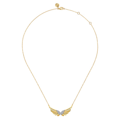 Angel Wing - 14K White  Yellow Gold Diamond Angel Wing Bar Necklace