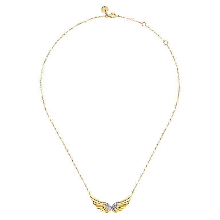 Angel Wing - 14K White  Yellow Gold Diamond Angel Wing Bar Necklace - 0.16 ct - Shot 2