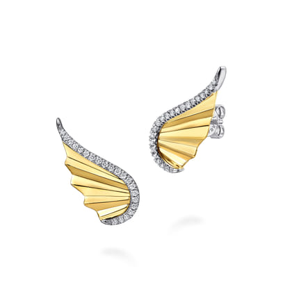 Angel Wing - 14K White  Yellow Gold Diamond Angel Wing Stud Earrings
