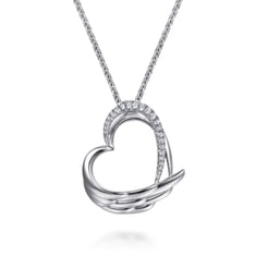 925 Sterling Silver White Sapphire Heart Angel Wing Pendant Necklace