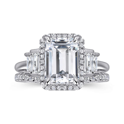 Anita - 14K White Gold Emerald Cut Halo Five Stone Diamond Engagement Ring