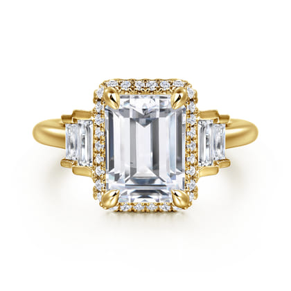 Anita - 14K Yellow Gold Emerald Cut Halo Five Stone Diamond Engagement Ring