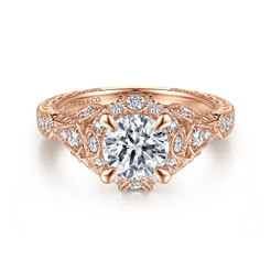 Unique 14K Rose Gold Vintage Inspired Diamond Halo Engagement Ring