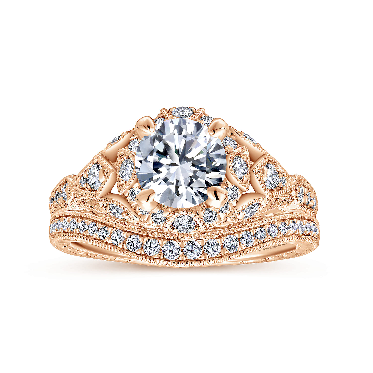 Annadale - Unique 14K Rose Gold Vintage Inspired Diamond Halo Engagement Ring