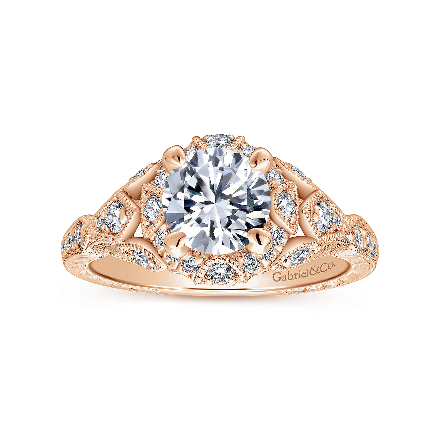 Annadale - Unique 14K Rose Gold Vintage Inspired Diamond Halo Engagement Ring