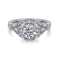 Annadale - Unique 14K White Gold Vintage Inspired Cushion Halo Diamond Engagement Ring