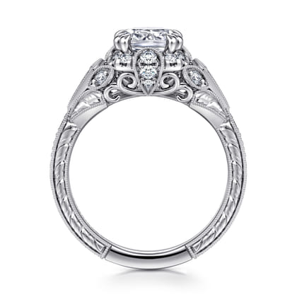 Annadale - Unique 14K White Gold Vintage Inspired Cushion Halo Diamond Engagement Ring