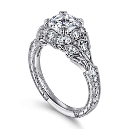 Annadale - Unique 14K White Gold Vintage Inspired Cushion Halo Diamond Engagement Ring