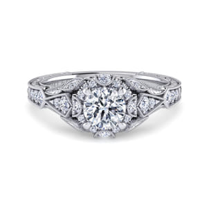 Annadale - Unique 14K White Gold Vintage Inspired Diamond Halo Engagement Ring