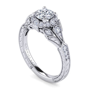 Annadale - Unique 14K White Gold Vintage Inspired Diamond Halo Engagement Ring