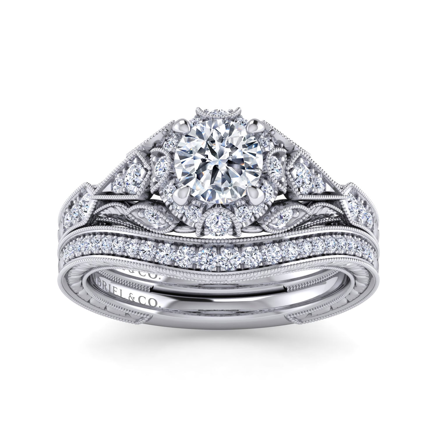 Annadale - Unique 14K White Gold Vintage Inspired Diamond Halo Engagement Ring