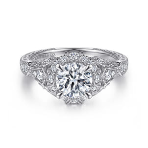 Annadale - Unique 14K White Gold Vintage Inspired Diamond Halo Engagement Ring