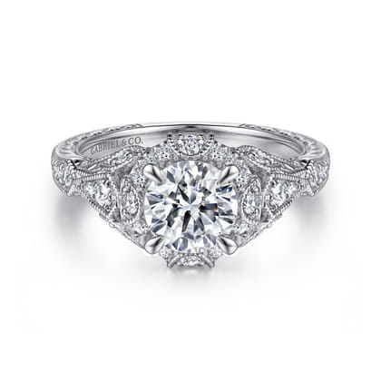 Annadale - Unique 14K White Gold Vintage Inspired Diamond Halo Engagement Ring