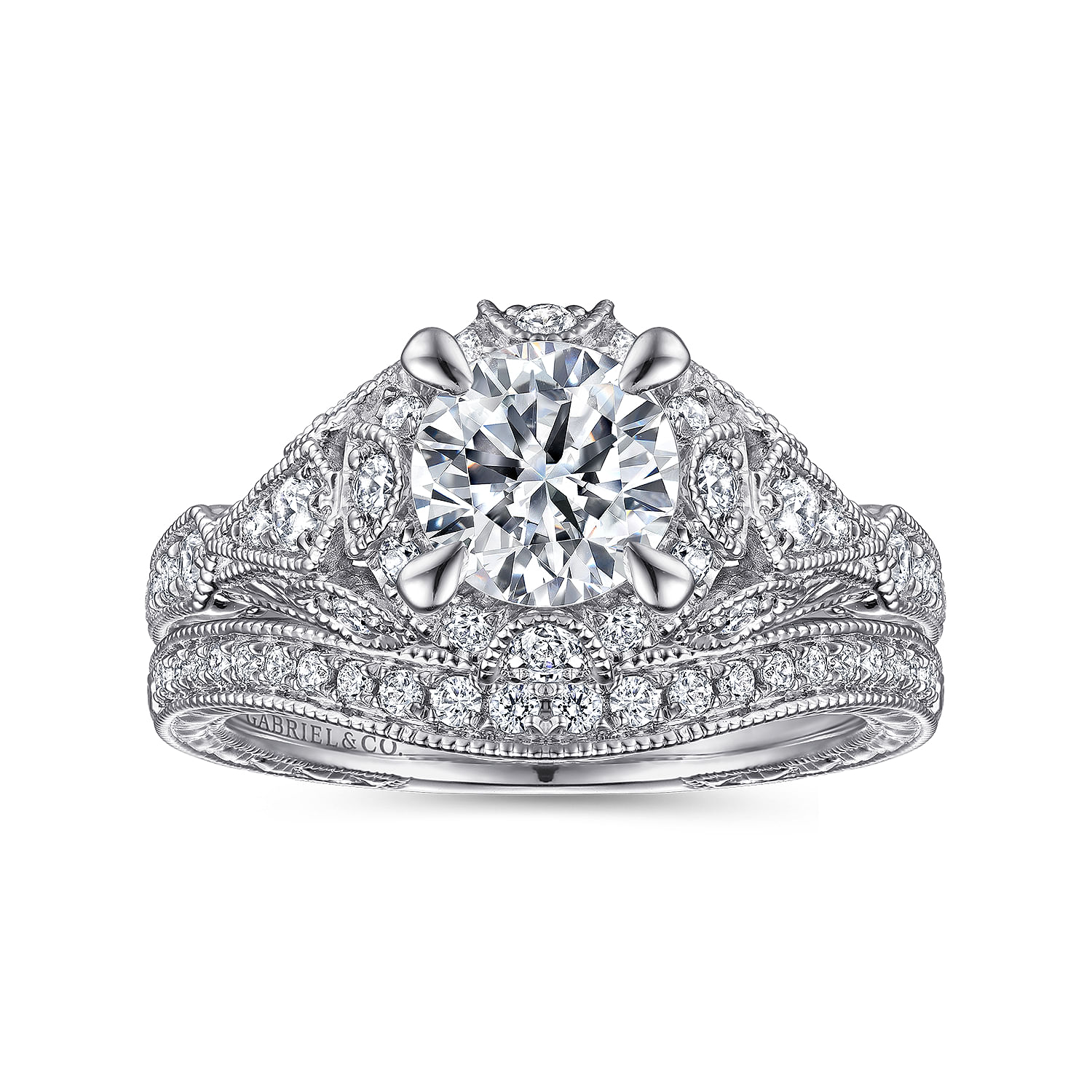 Annadale - Unique 14K White Gold Vintage Inspired Diamond Halo Engagement Ring