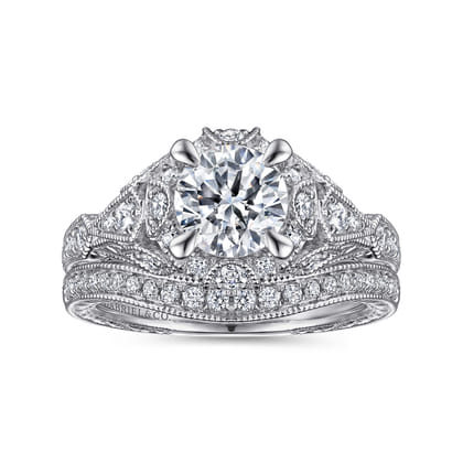 Annadale - Unique 14K White Gold Vintage Inspired Diamond Halo Engagement Ring