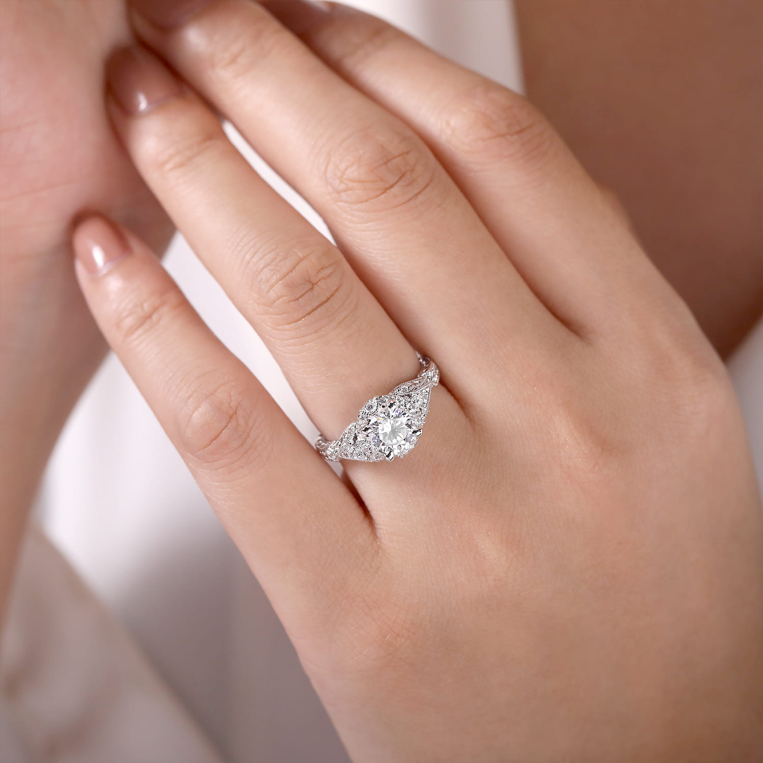 Annadale - Unique 14K White Gold Vintage Inspired Diamond Halo Engagement Ring