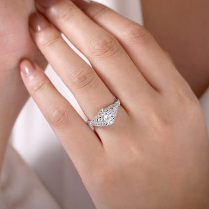 Annadale - Unique 14K White Gold Vintage Inspired Diamond Halo Engagement Ring