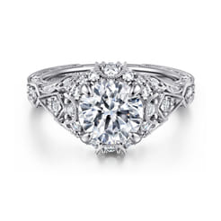 Annadale - Unique 14K White Gold Vintage Inspired Diamond Halo Engagement Ring