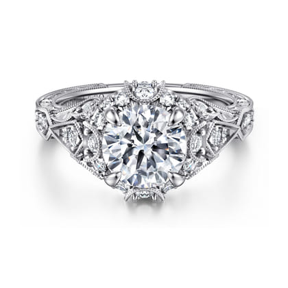 Annadale - Unique 14K White Gold Vintage Inspired Diamond Halo Engagement Ring