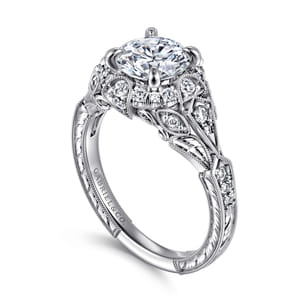Annadale - Unique 14K White Gold Vintage Inspired Diamond Halo Engagement Ring