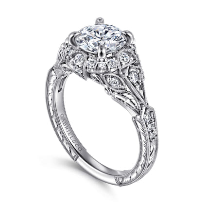 Annadale - Unique 14K White Gold Vintage Inspired Diamond Halo Engagement Ring