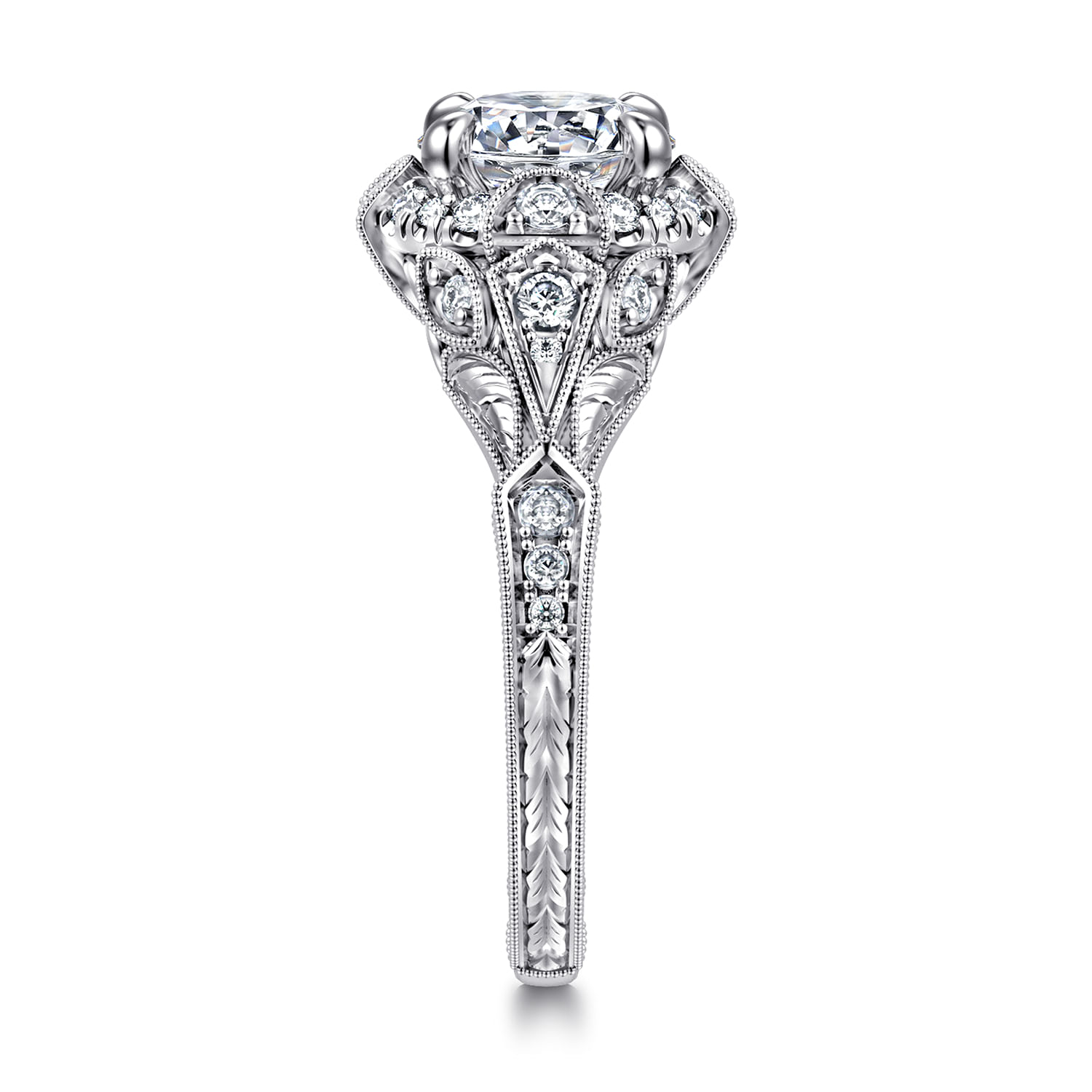 Annadale - Unique 14K White Gold Vintage Inspired Diamond Halo Engagement Ring
