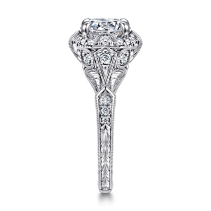 Annadale - Unique 14K White Gold Vintage Inspired Diamond Halo Engagement Ring