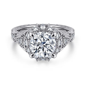 Annadale - Unique 14K White Gold Vintage Inspired Diamond Halo Engagement Ring
