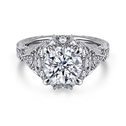 Annadale - Unique 14K White Gold Vintage Inspired Diamond Halo Engagement Ring
