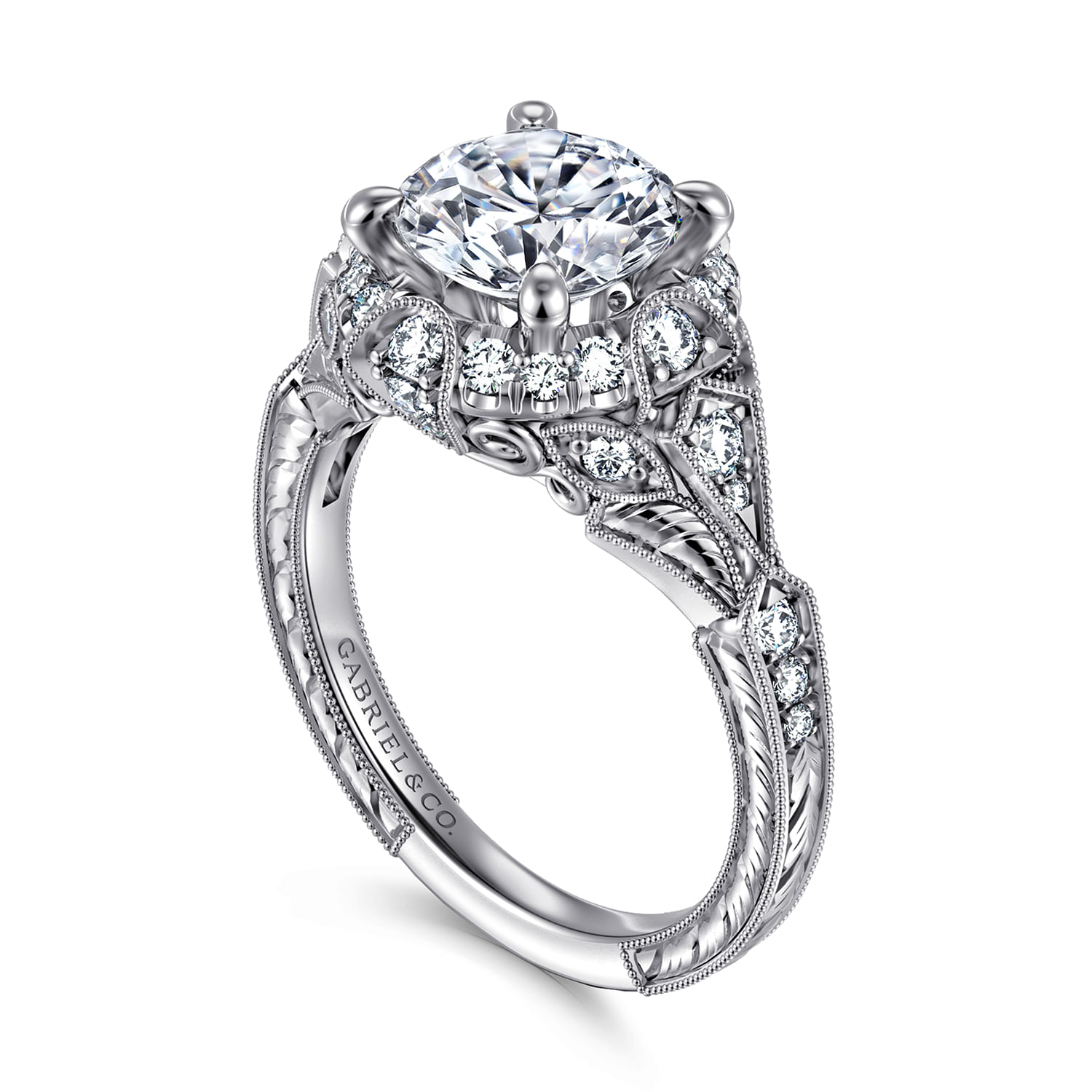 Annadale - Unique 14K White Gold Vintage Inspired Diamond Halo Engagement Ring