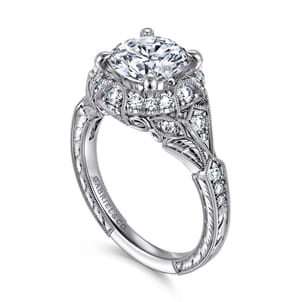 Annadale - Unique 14K White Gold Vintage Inspired Diamond Halo Engagement Ring