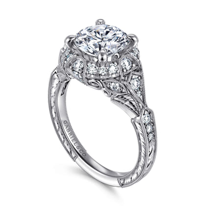 Annadale - Unique 14K White Gold Vintage Inspired Diamond Halo Engagement Ring